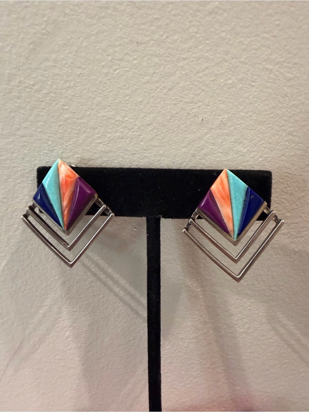 Sterling Silver Multi-Stone Inlay Diamond Chevron Clip Earrings Turquoise Lapis